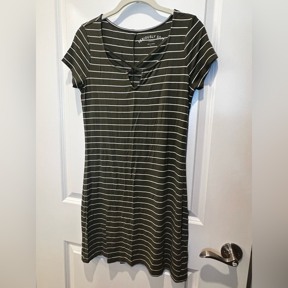 Aero Seriously Soft Army Green Striped Dress Size Small - Picture 8 of 9